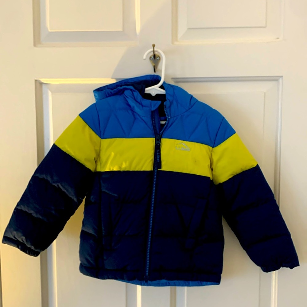 Kids' Bean's down jacket, color block.  Size: 4T.  Royal blue, yellow and navy.